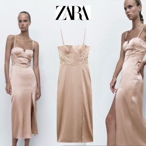 Zara nude beige pink satin effect bodycon corset bustier midi dress Sz M NWOT